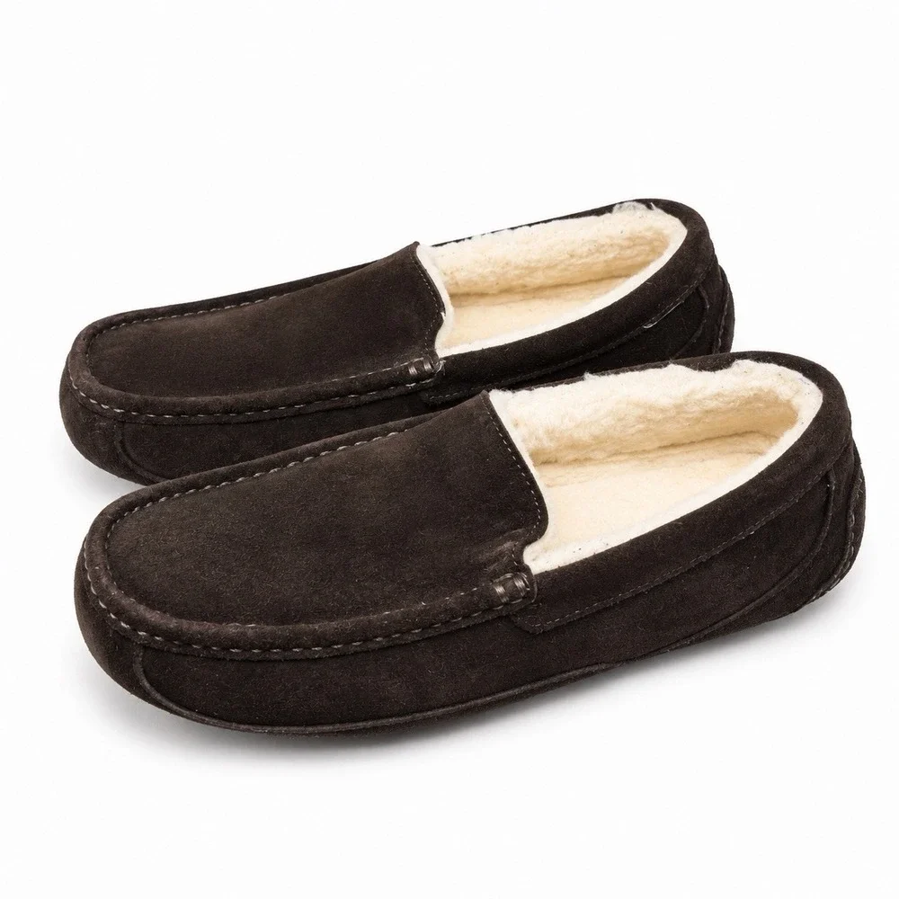 UGG Ascot Brown Leather Wool 1101110 Men's Size 10 Indoor Outdoor Slippers
